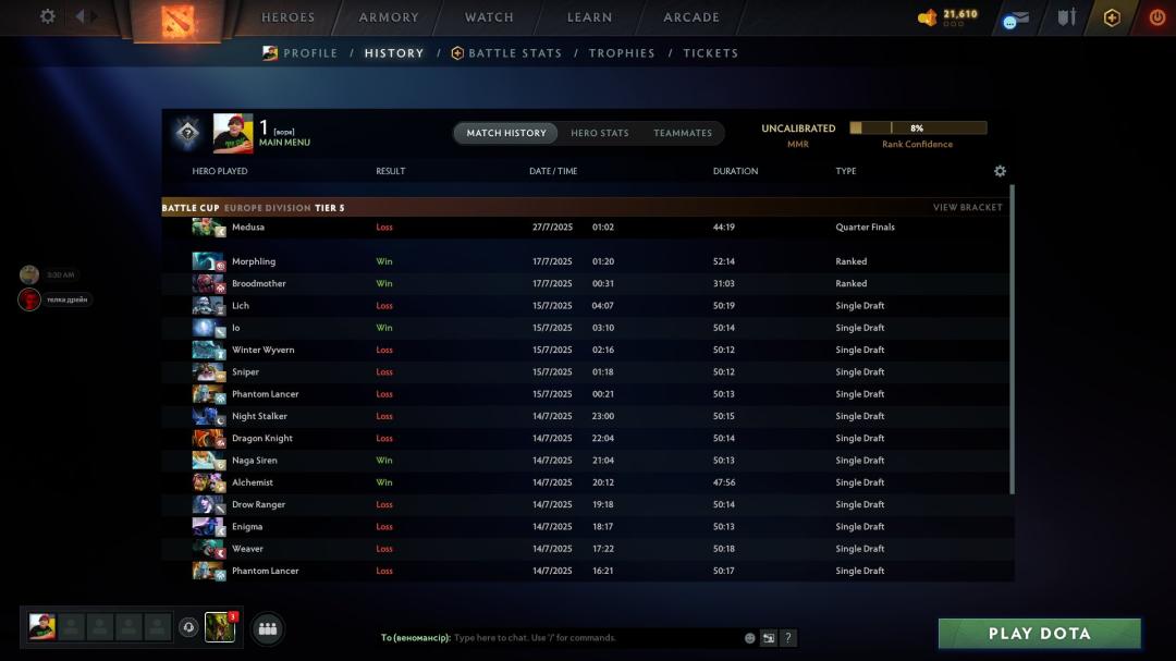 Ranked Dota 2 Account with 130 Hours and 800 MMR