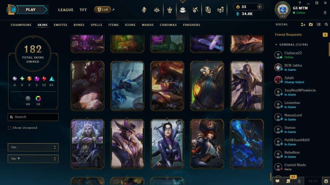 EU West Account - Level 343, Gold Rank, 182 Skins Available