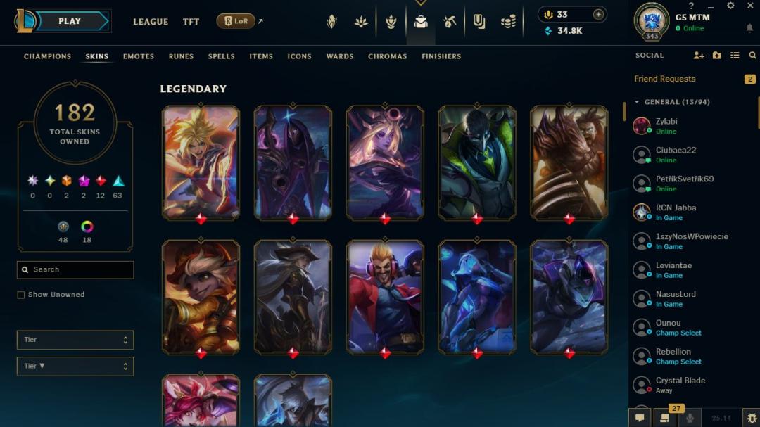 EU West Account - Level 343, Gold Rank, 182 Skins Available