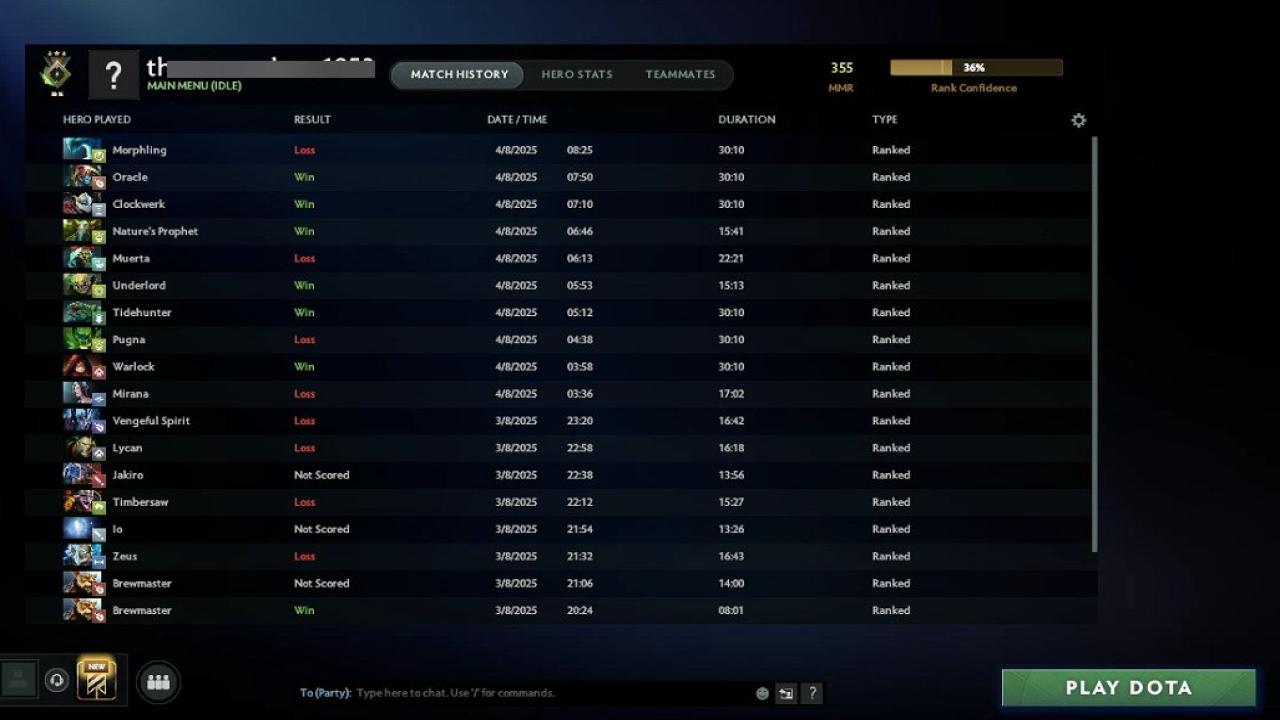 Ranked Dota 2 Account with 150 Hours and 355 MMR