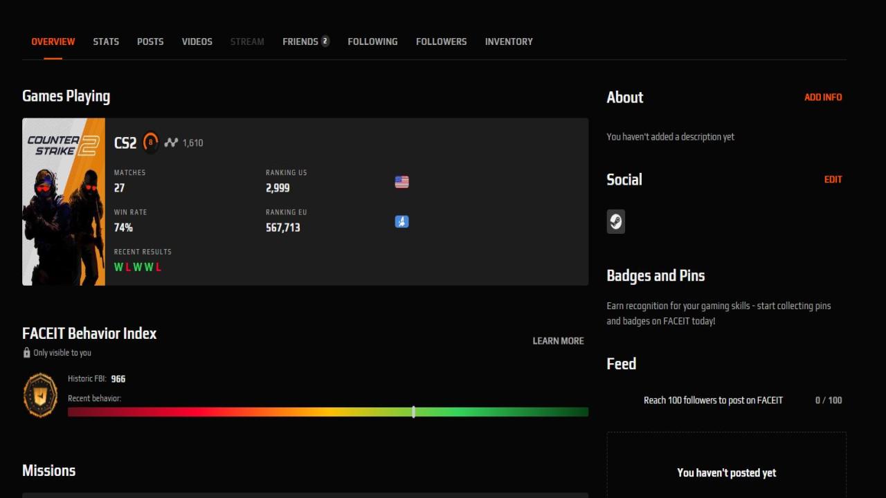 🎮 1610 ELO FACEIT Account | Prime Enabled | Empty Inventory 🛡