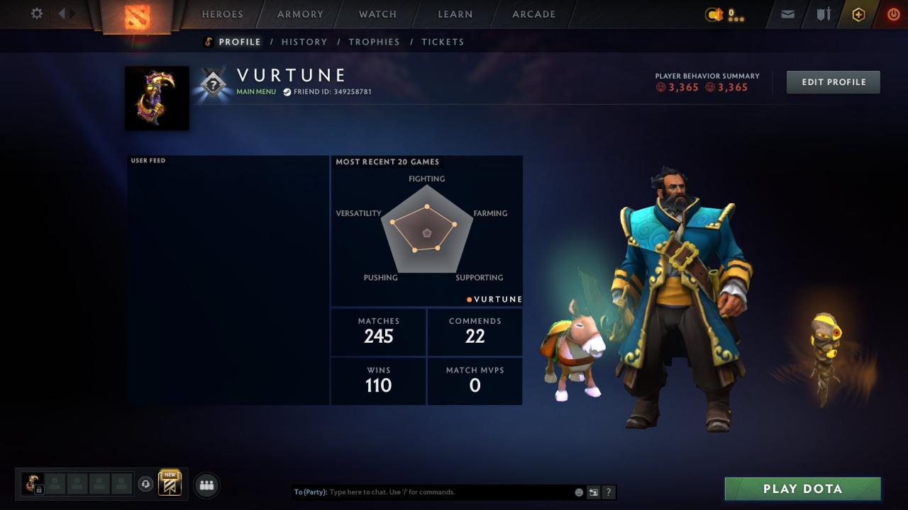 🎮 Dota 2 Account with 1631 MMR, 3365 Behavior Score | 295 Hours 🕒