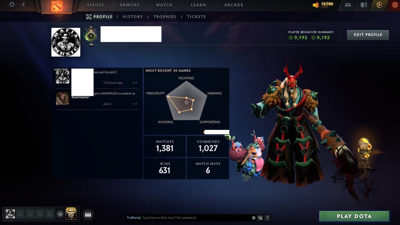 🎮 Dota 2 Account with 1 MMR | 1200 Hours | 9192 Behavior Score 🏆