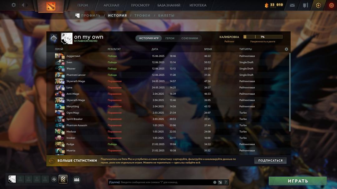 High-Ranked Dota 2 Account with 7300 MMR and 285 Hours