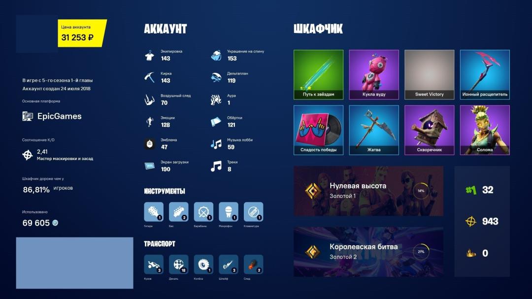 Diverse Fortnite Collection with 143 Unique Skins 🎭🖥