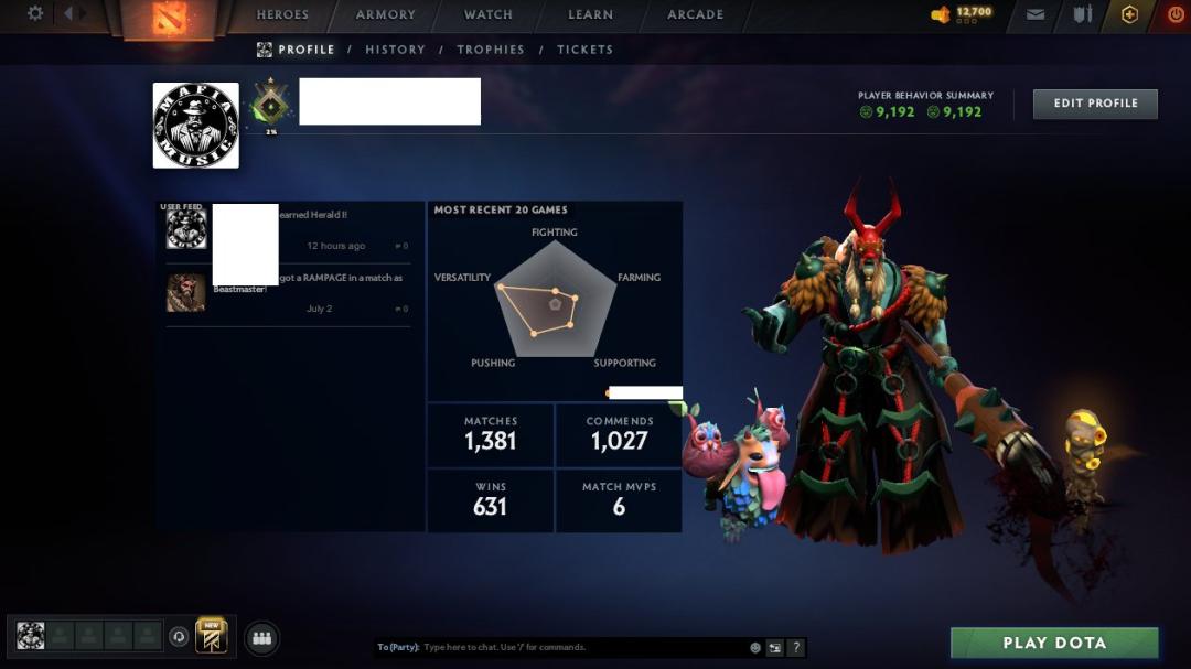 🎮 Dota 2 Account with 1 MMR | 1200 Hours | 9192 Behavior Score 🏆