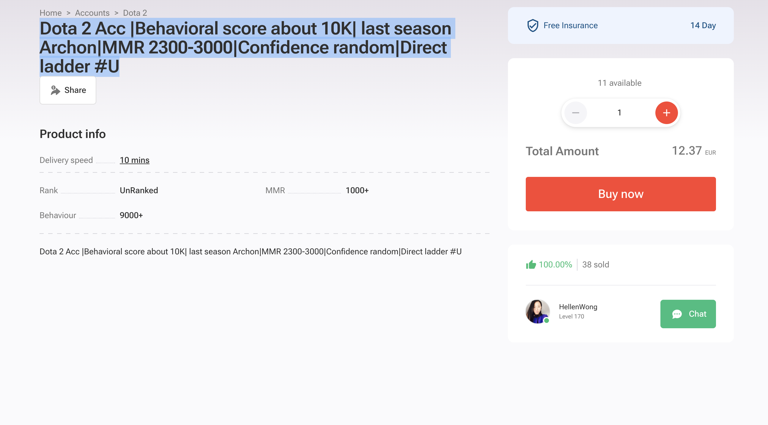 Dota 2 Acc |Behavioral score about 10K| last season Archon|MMR 2300-3000|Confidence random|Direct ladder #U