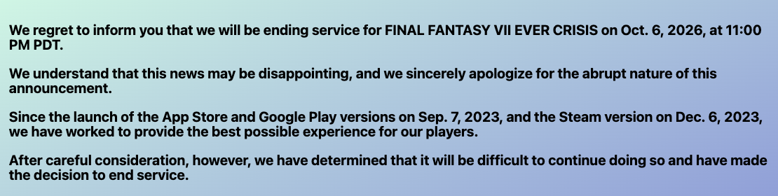Final Fantasy VII Ever Crisis завершит работу 6 октября 2026 - news.goranked