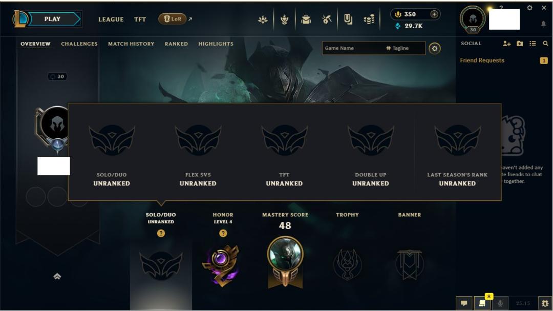 Уровень 30, 1 чемпион, ранговый статус Unranked на EU West