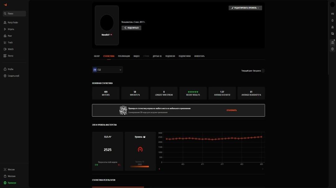 Профиль с Prime и ELO 2525 на FACEIT, регистрация включена