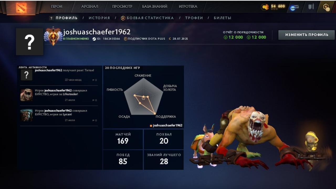 Высокий рейтинг 7124 с 664 часами игры в Dota 2