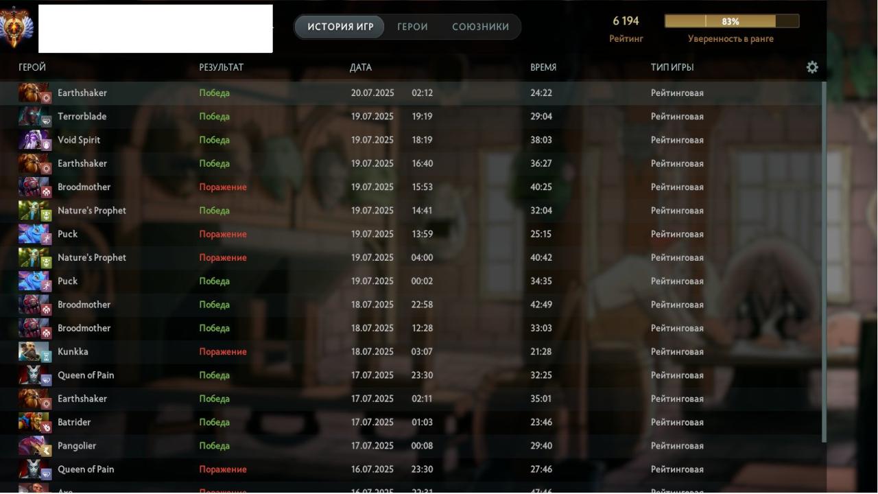 Аккаунт Dota 2 с рейтингом 6194 и 3000 часов игры