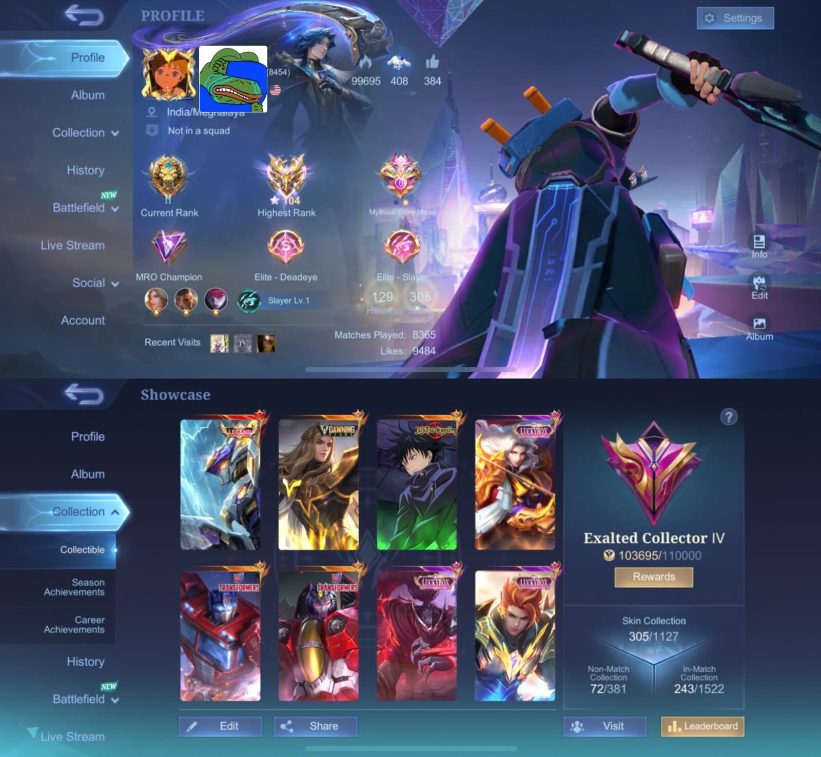 🏆 Guru 4 👑 Saber Legend 🌅 Lancelot Dawning Star 🍥 Julian Megumi 🤖 Johnson & Aldous Transformer, Sale, Rank: Mythical Immortal, Level: 68, Winrate: 55%, Heroes: 129, Skins: 305