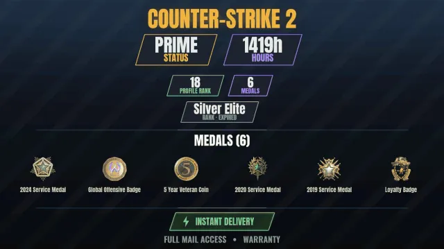 【CS2 Prime👑1400h✨6 medals】【RUST】 Service Medal 2019, Service Medal 2020, Service Medal, Sale, With inventory, Has PRIME