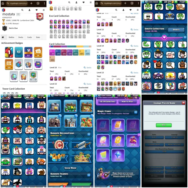 Level 62 ~ 18 evo ~ 1 hero ~ 4 lvl 16 ~ 12 elite ~ 34max lvl 14 ~ 58 emotes ~ 6 tower ~ free Nc, 1 арена, 62 уровень, 10000 кубков, 20 карт, 15 лег, Есть