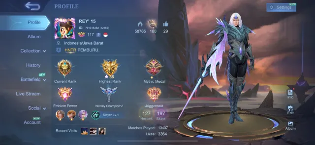 SAFE & CHEAP | EMBLEM MAX, NATALIA COLLECTOR AND HAVE 20 EPIC SKIN, Sale, Rank: Legend, Level: 147, Winrate: 48%, Heroes: 127, Skins: 197
