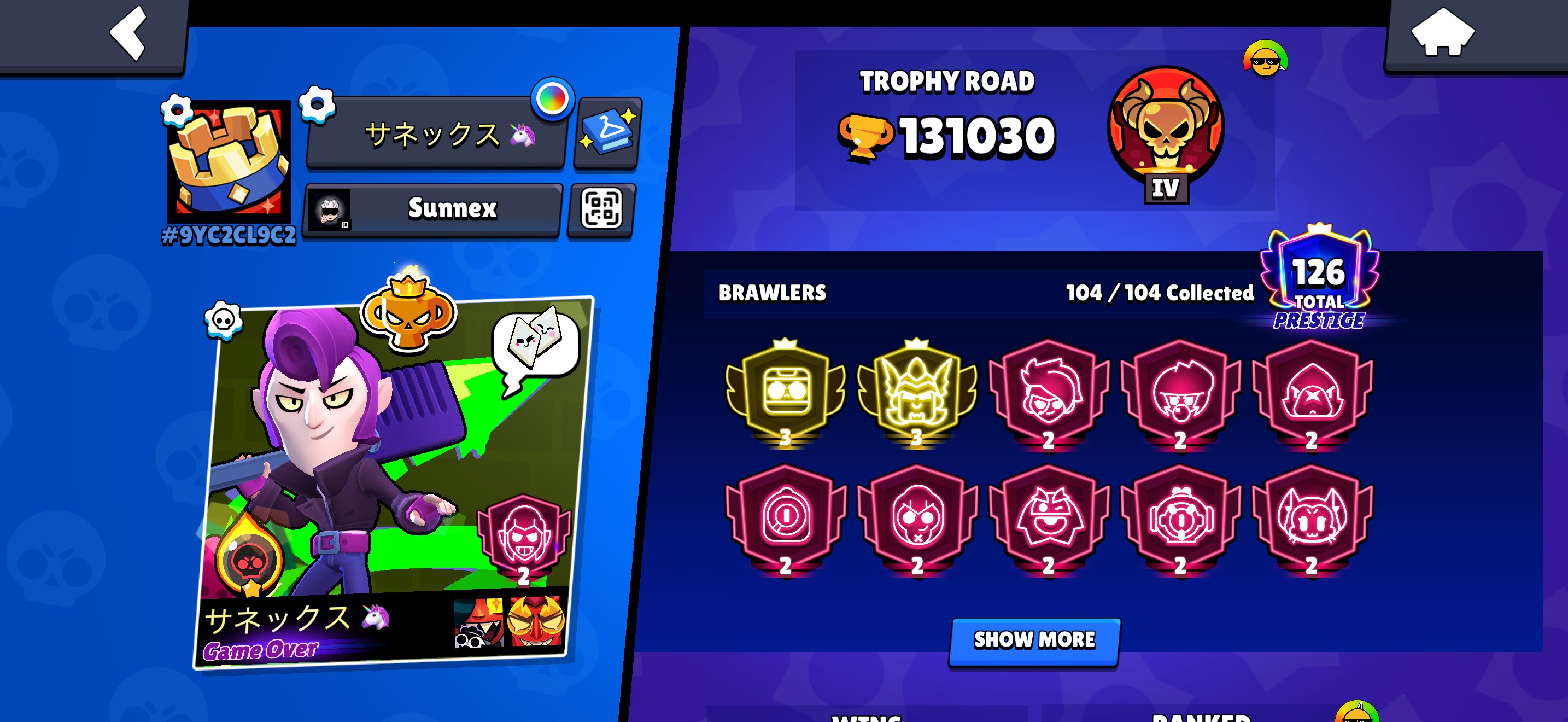 Account with pro league, trophies 131030, brawlers 104, primes 126