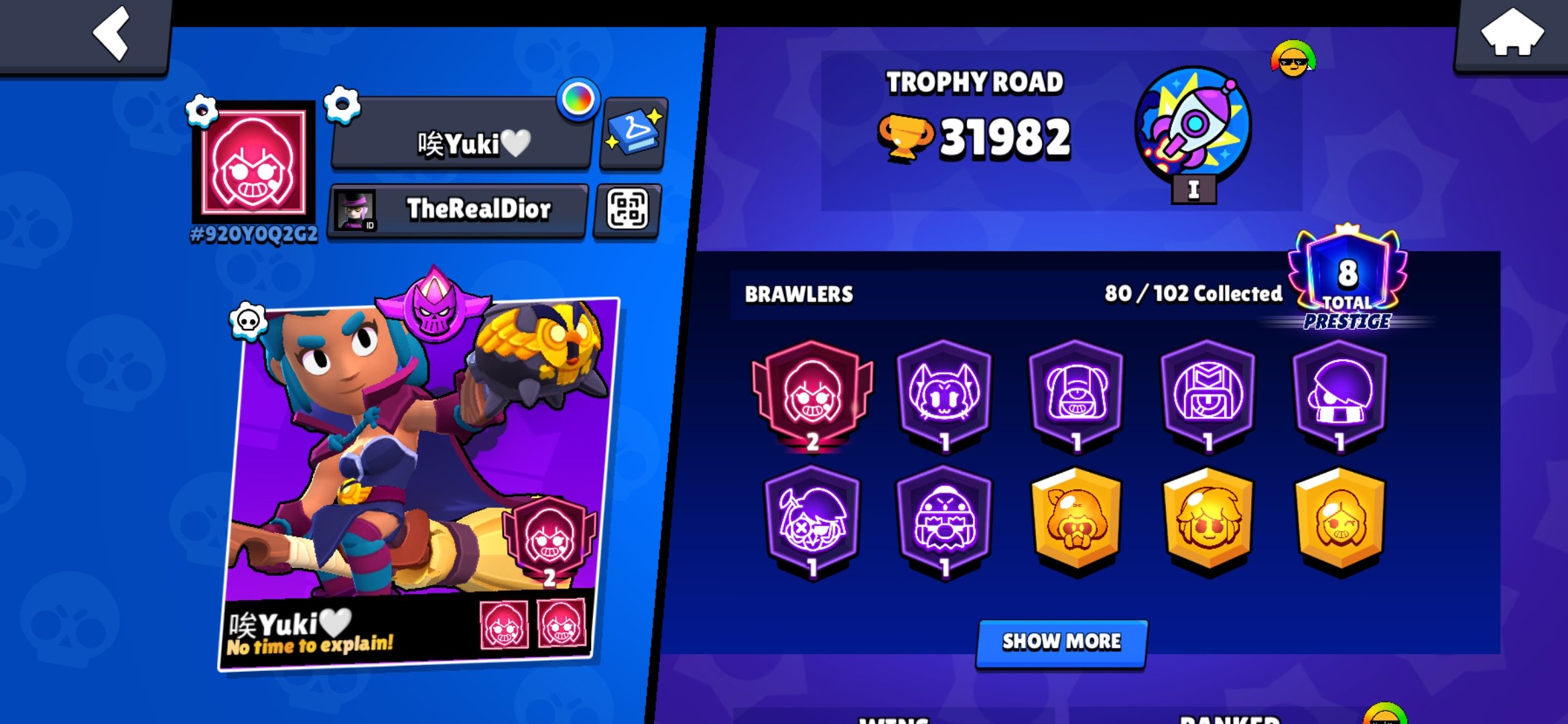 Old mythic with 2prime on shelly, trophies 31982, brawlers 80, primes 8
