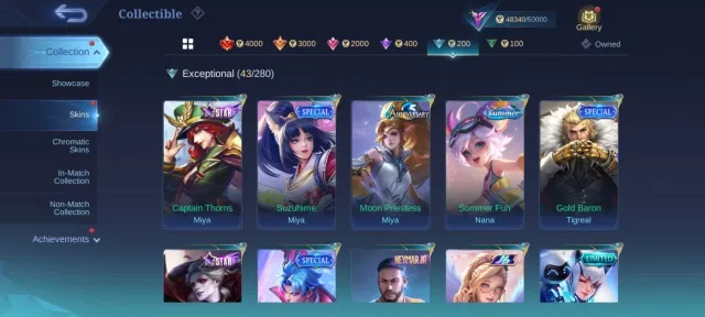 45⭐KOF Karina💥collector Natalia➤deluxe 28 EPIC Mathilda⇨Carmila⇨Grock⇨Freya⇨Harley MC 137 Draw, Sale, Rank: Mythic, Level: 76, Winrate: 48%, Heroes: 124, Skins: 220
