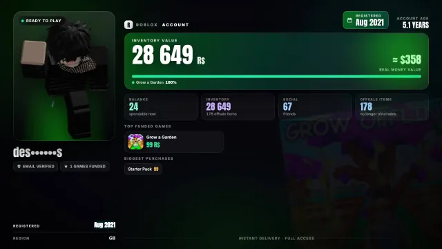 🪙 spent Robux: 99 🎭Korblox ⏳ reg. 2021 🧰 inventory: 29K 🎁 offsale: 178, Sale, Voice chat: No
