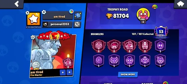 good intermediate account with fair price, 81704 кубков, 107 бравлеров
