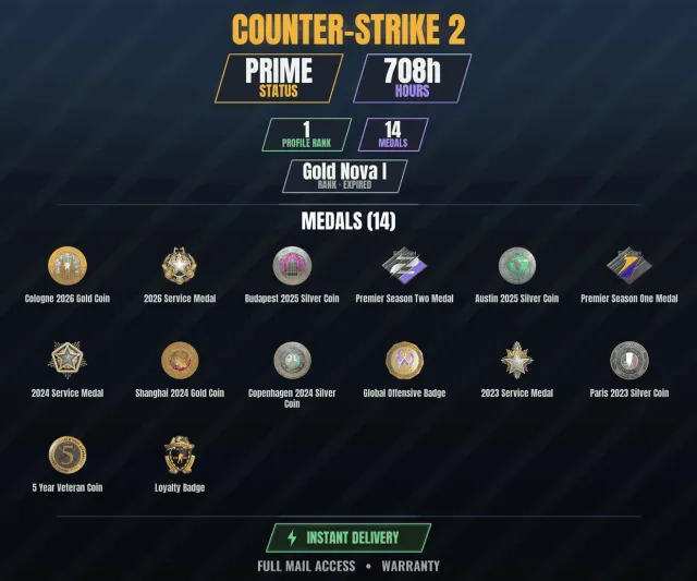 【CS2 Prime🎮708h💠14 medals】 Golden coin Cologne 2026, Golden coin Shanghai 2024, Silver, Sale, With inventory, Has PRIME