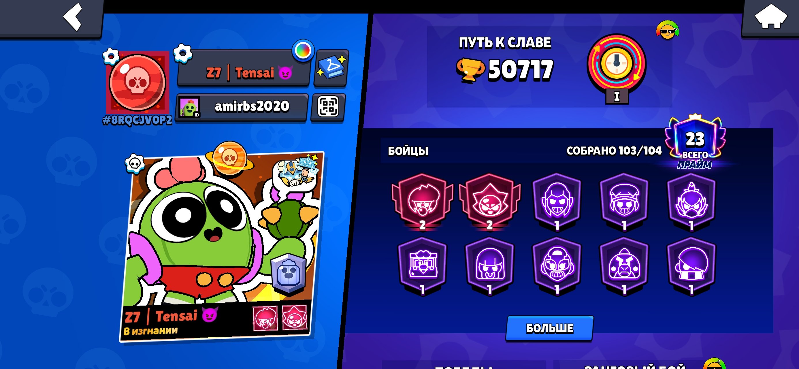 The account is full, there is a lot of stuff and skins available., trophies 50717, brawlers 103, primes 23