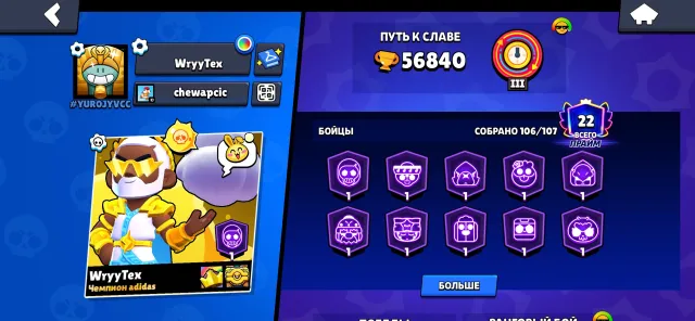 🔰56840 CUPS ACCOUNT 2021 YEAR MANY EXCLUSIVES ‼️👹WITH REBINDING WITHOUT PASSENGERS🔰, 56840 cups, 106 brawlers, 22 primes