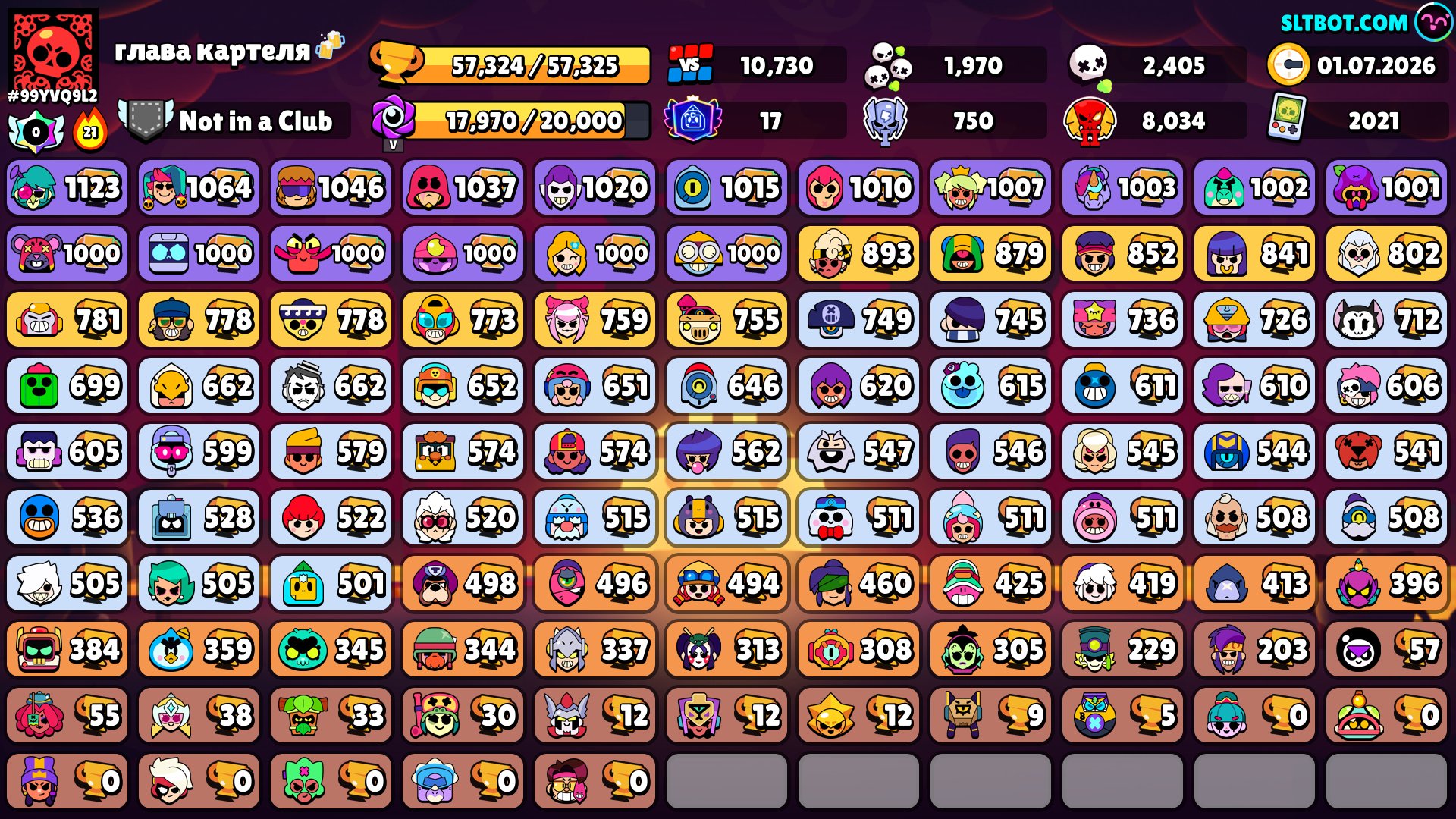 A fat 21-year-old account with 250+ skins, 17 primes, and was rank 30 before the rework., trophies 57324, brawlers 104, primes 17
