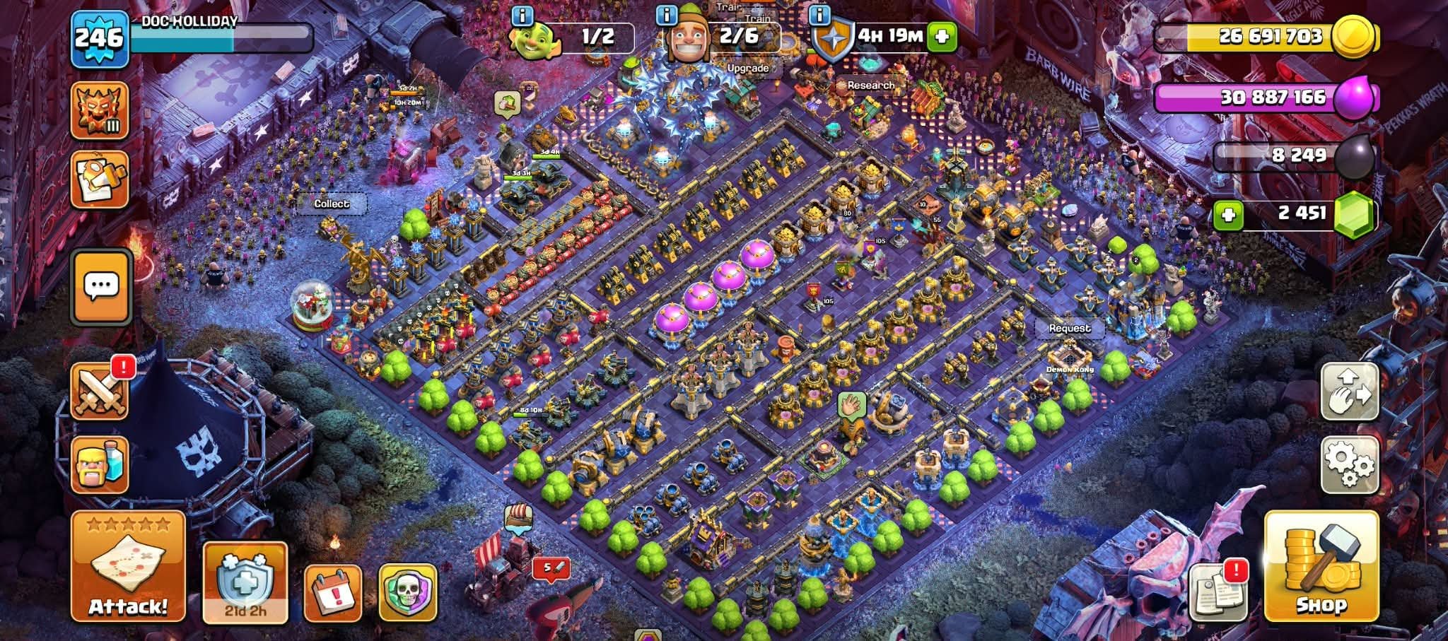 Th18 solid base➤6 heroes max➤8 epics almost max➤Legend league Decorated trees Near max defence, 18 TH Main Village, 10 TH Builder