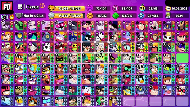 🏆73000🏆⚔️36x11 POWER⚔️🤠HOPPER BULL🤠🃏UNO CHESTER🃏👺FACLESS KENZI👺🎀TRICKY JANET🎀🌸JANET TRICKY🌸, 73093 trophies, 107 brawlers, 45 primes