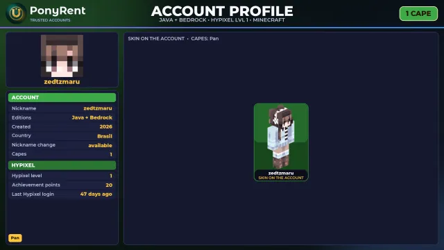 🦄 「MINECRAFT」 JAVA + BEDROCK ♡ 1 CLOAK: Pan ♡ FULL ACCESS ♡ NO BAN HYPIXEL (1 LVL) 🌸 #46PNJ8, Sale, All account data
