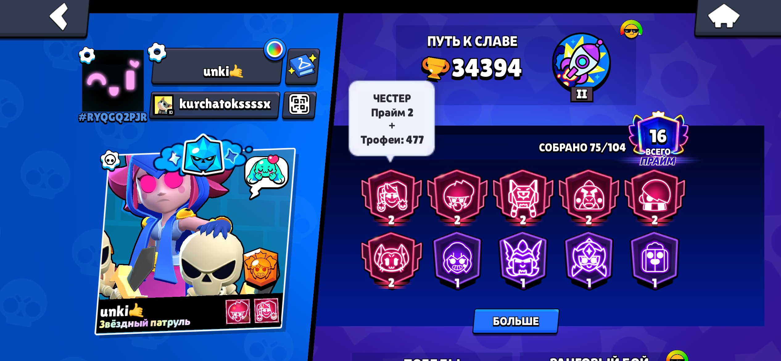 34K🏆13x11 POWER🥊11 WITH GIP🤖FOR 50 BOUGHT BP+🎫FOR 51 BOUGHT BP🎫AUTO DELIVERY- Chester 2500🏆, trophies 34394, brawlers 75, primes 16