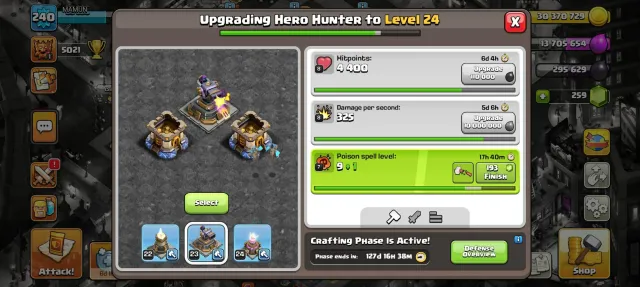 Th18➤Max base➤Legend 1➤Max hero➤Snake skin set➤47 skins➤Lab 3 left➤Craft all 24 lvl➤70/75% discount, 18 TH Родной Деревни, 10 TH Строителя