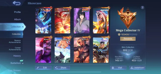 3 Legi💥Sasuke💥Fanny Aspirant💥Ducati Leo💥Kof Chu Goose💥Sanrio Cloud, Sale, Rank: Mythical, Level: 159, Win Rate: 52%, Heroes: 133, Skins: 553