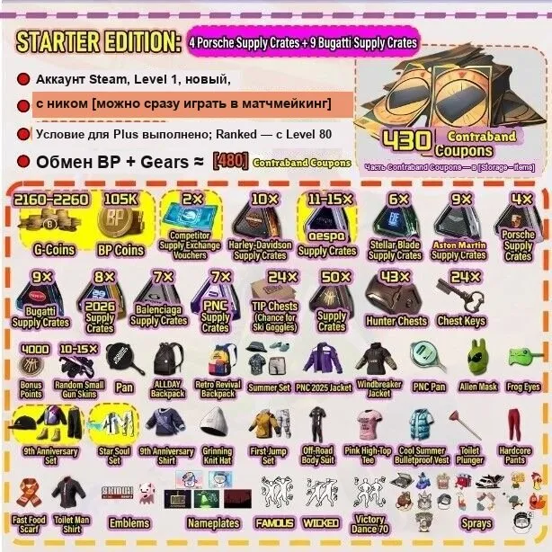 PUBG Steam | 430 Coupons | 2,160–2,260 G-Coin | 105K BP | Porsche x4 + Bugatti x9 | aespa x11–15 #8, Нет BATTLEGROUNDS Plus