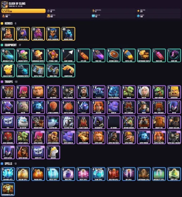15 TH ✨ 4200+ trophies 🏆 9 BH 🎮 198 hero levels 💠 163 troop levels, 15 TH Native Village