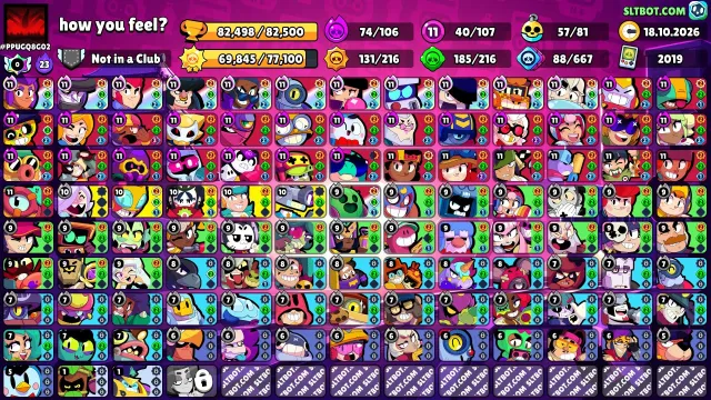 💜 《🏆82,500 CUPS🏆》《👤 107 BRAWLERS👤 》《🌟40x11 POWER🌟 》《💰360+ SKINS💰》《🌟VERY FAT ACCOUNT🌟》💜, 82498 cups, 107 brawlers, 50 primes