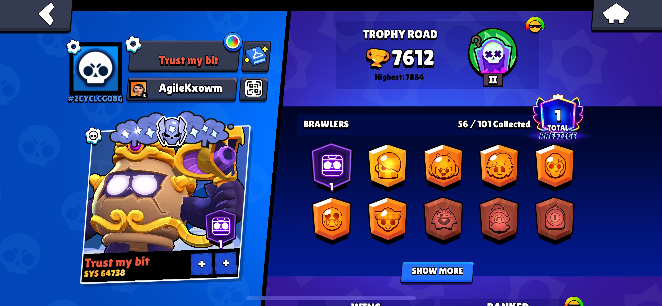 BBVA Rfggrjeh, trophies 7612, brawlers 56, primes 1
