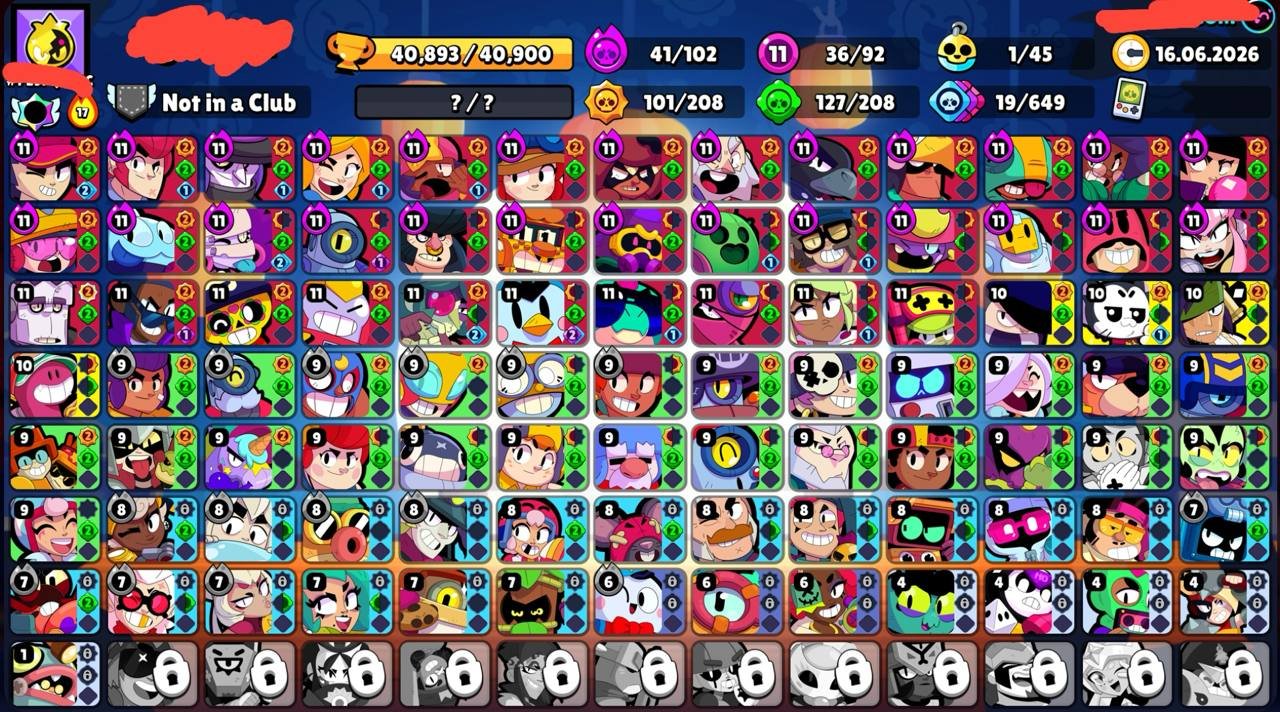 🗯📌40,893🏆🌟92/103👤41 HYPER36 11 POWER🪙199 SKINS ~ 15,521 GEMS💠4 TITLES💮1 BUFF🌀🔰〔NAME CHANGE 60〕🔰, trophies 40893, brawlers 92, primes 2
