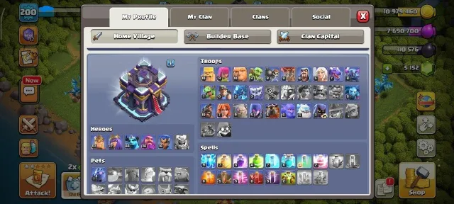 🧊 TH15 | 2,892 War Stars | Level 200 | 5,152 Gems | 110K+ Capital | 6 Builders, 15 TH Родной Деревни