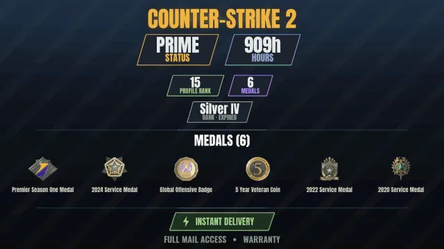 【CS2 Prime🎮909h💠6 medals】 Service Medal 2020, Service Medal 2022, Service Medal, Sale, With inventory, Has PRIME