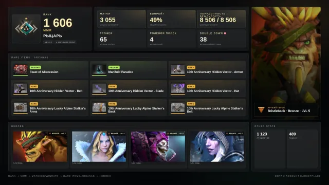 ✨Ritter 1 ≈ 1606 MMR✅8506 Anstand✅✨Pudge/PA Arcana✨Landschaft✨Persönlichkeiten✨SETS✨⚔️65 Trophäen⚔️🎯38 Doppel-Token, Verkauf, 1606 MMR, 8506 Anstand, 8506 Höflichkeit, 3055 Spiele, 3086 Stunden