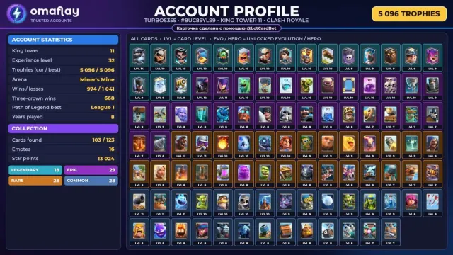 ⚡ CLASH ROYALE ⚡ 0 EVO • 0 CHAMP. • 16 EMOJIS • 5,096 🏆 • KING 11 #3EKSLI, Arena 15, Level 32, 5096 trophies, 103 cards, 18 leg, No