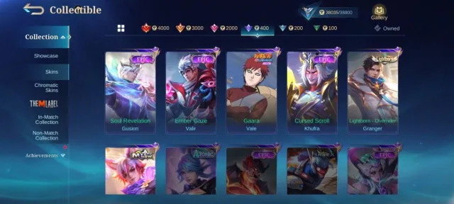 KOF Chou➤Karina➤Luckybox Lesley➤Star Hayabusa➤Epic Recall➤Naruto Gaara Vale➤EPIC yss➤Bane➤, Продажа, Ранг: Мифический, Уровень: 47, Процент перемог: 47%, Герої: 73, Облики: 146