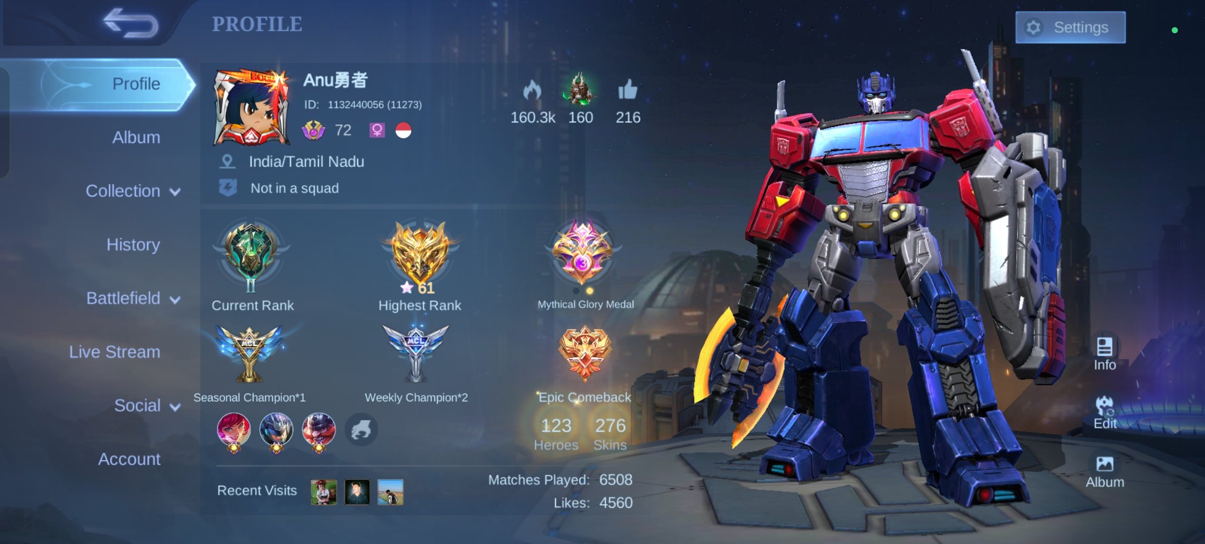 Choose Any Legend, Transformers Johnson, Prime Beatrix, Gold Star Vale Kagura, Covenant, TP, PH 🔥, Sale, Rank: Mythic, Level: 102, Winrate: 53%, Heroes: 123, Skins: 276