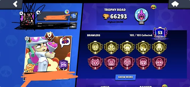 4 prime, x4 3 prime, FAMOUS PEOPLE IN FRIEND LIST, CAN SELL FOR A BIT LOWER PRICE, trophies 66000, brawlers 105, primes 53