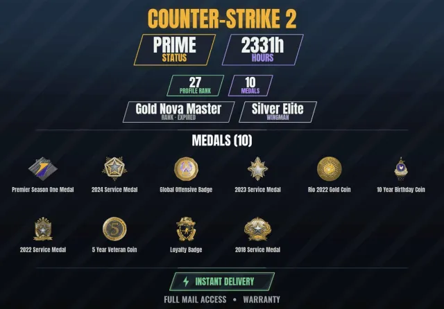 【CS2 Prime🎯2300h👑10 medals】 10-year anniversary coin, Gold coin Rio 2022, Service medal, Sale, With inventory, Has PRIME