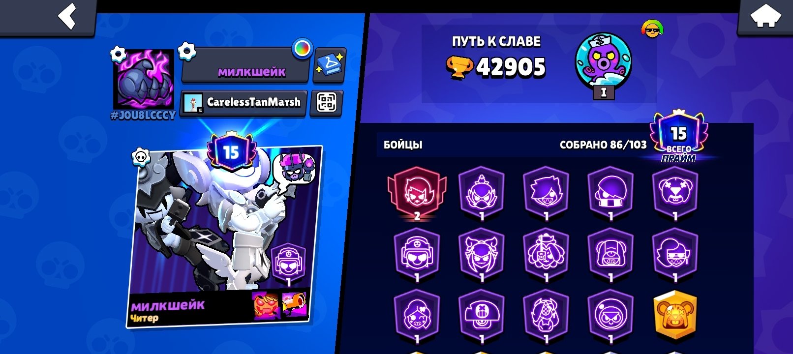 ⚡️ Brawl Stars 8k blings 15 primes, trophies 42905, brawlers 86, primes 15