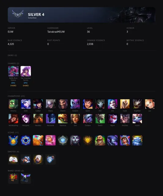 🟡┃🔥 BATTLE BOSS QIYANA / STAR GUARDIAN SYNDRA┃🕗 АВТОВЫДАЧА┃🤍 СМЕНА НИКА┃✅ ПОЧТА┃, Продажа, уровень 36, чемпионы 23, скины 2, Серебро